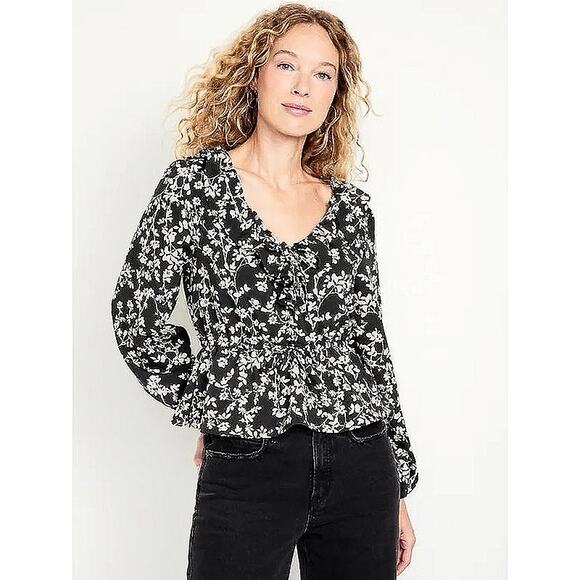 Old Navy Black Ivory Floral Tie Neck V Neck Ruffle Long Sleeve Blouse Top Size M - Picture 2 of 7